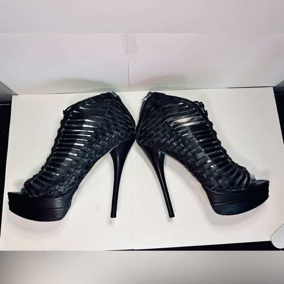 Mea Shadow Heels Gladiator Stiletto Platform BLACK Woven Leather SZ 6 - Picture 10 of 16
